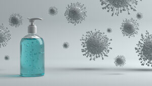 Sanitizer with viruses in the background