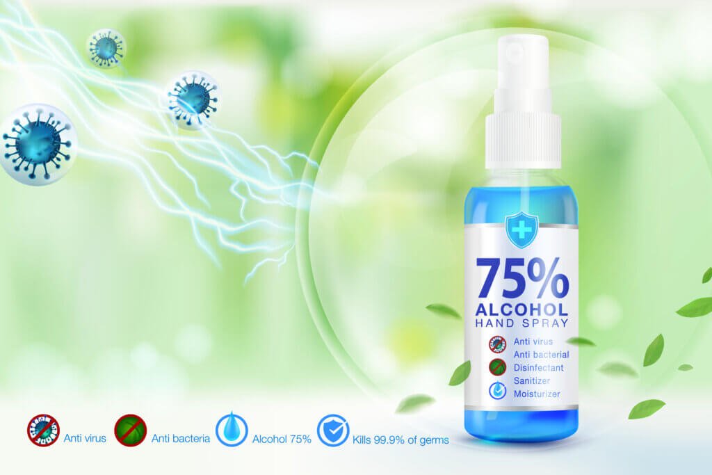 A hand disinfectant spray with icons for antivirus, antibacterial properties, and 99.9% germ-killing effectiveness, set against a fresh green backdrop with repelled virus illustrations.