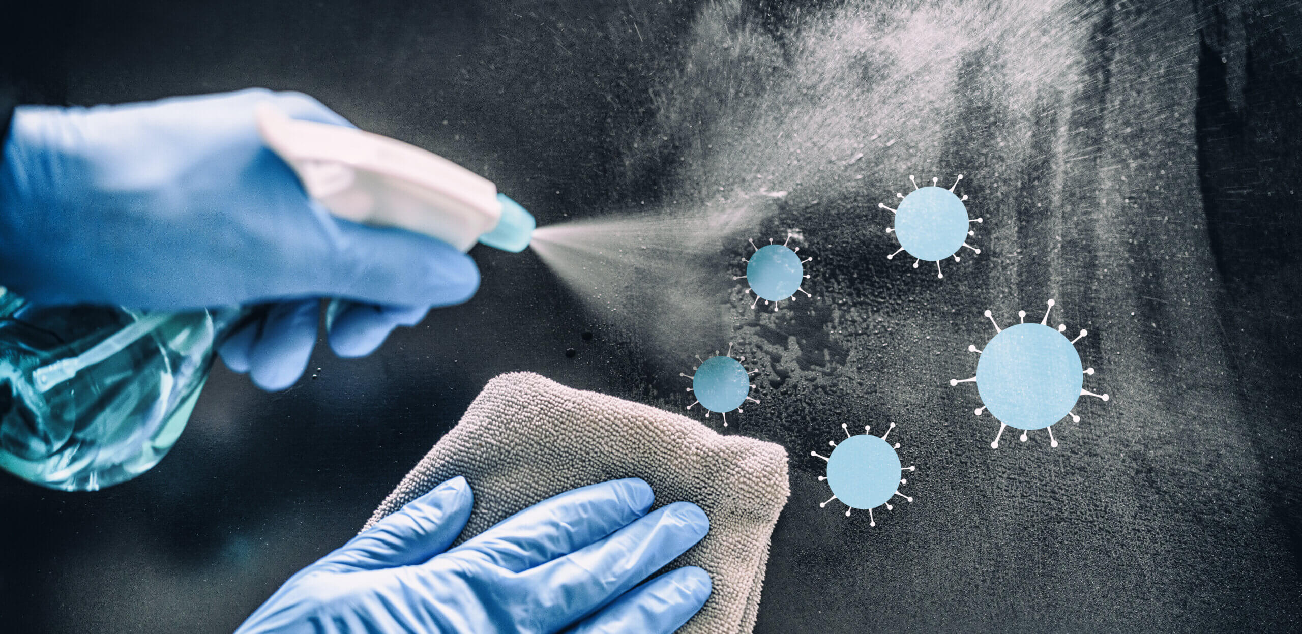 disinfectant spray on surface to sanitize against viruses