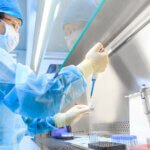 Scientist testing disinfectants in lab using EN1040 standard