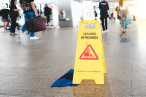 Sign showing warning of caution wet floor in airport