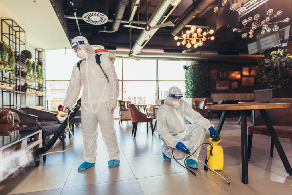 disinfecting indoor of cafe or restaurant