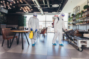 The image of two people disinfecting a hotel using EN 14347 tested disinfectant product