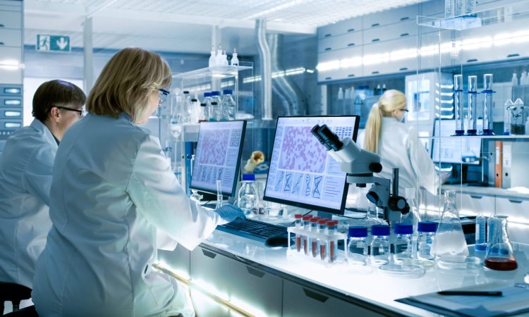 Female and Male Scientists Working in their Laboratory.