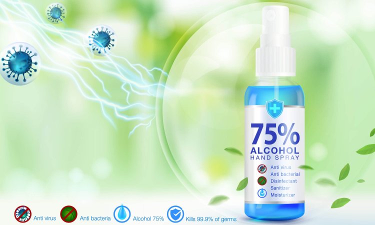 A hand disinfectant spray with icons for antivirus, antibacterial properties, and 99.9% germ-killing effectiveness, set against a fresh green backdrop with repelled virus illustrations.