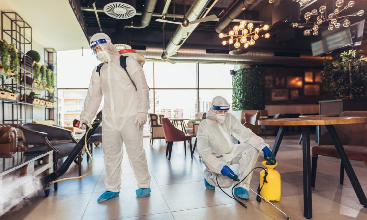 disinfecting indoor of cafe or restaurant