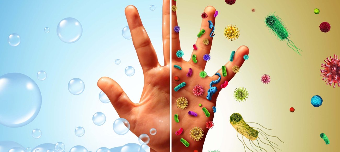 Image depicts one side of the hand that is sanitized using EN 14347 disinfectant and the other side that is not sanitized and contains germs